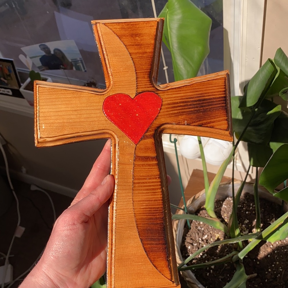 Two toned cross with red heart and glitter